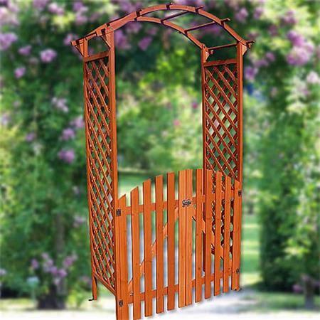 Wooden rose arch with door gate Pergola archway Trellis flower pots
