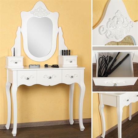 Dressing Table White Antique Style + Mirror Wooden Vanity Table Baroque Style